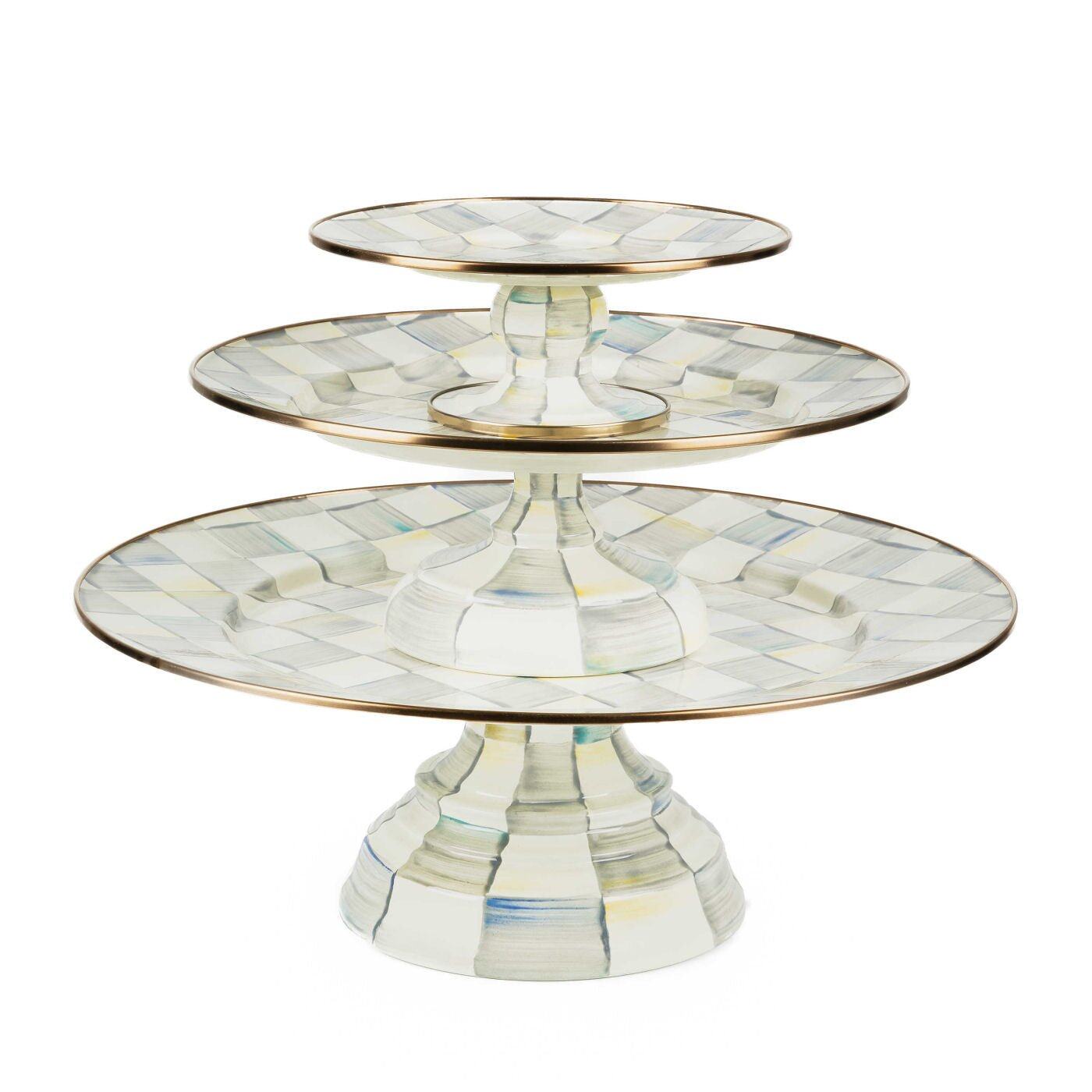 Luxury Dining Sterling Check Enamel Pedestal Platter - Small