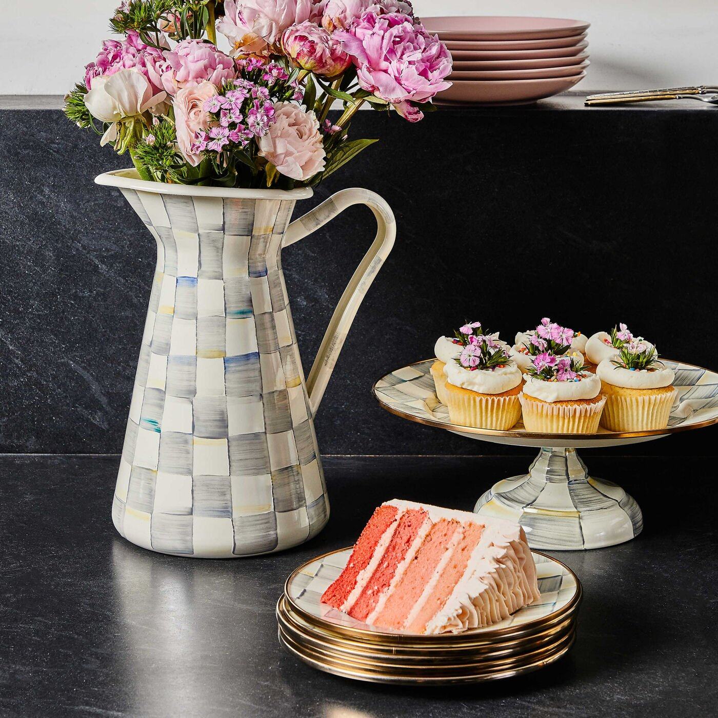 Luxury Dining Sterling Check Enamel Pedestal Platter - Small