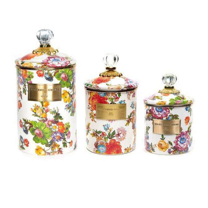 White Flower Market Enamel Canisters